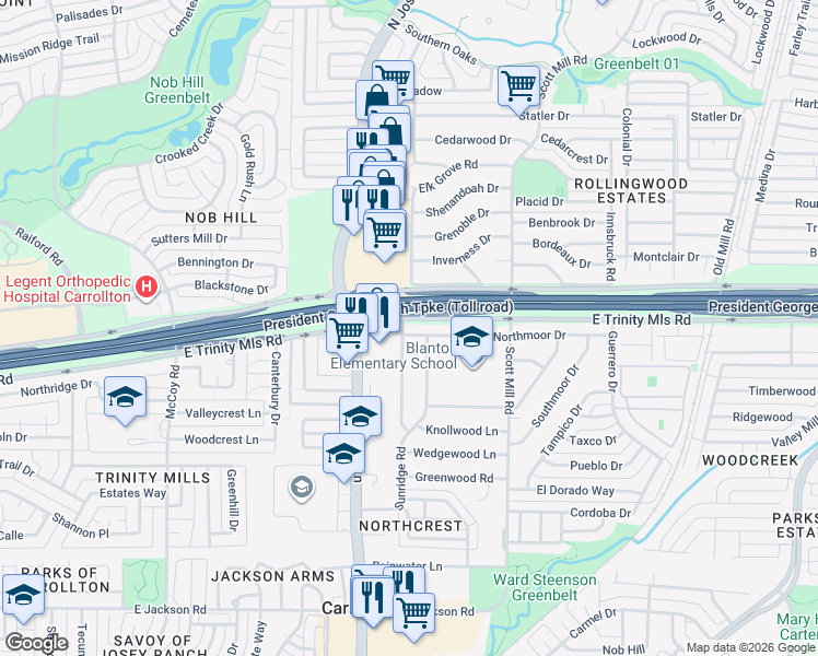map of restaurants, bars, coffee shops, grocery stores, and more near 2001 Northmoor Drive in Carrollton