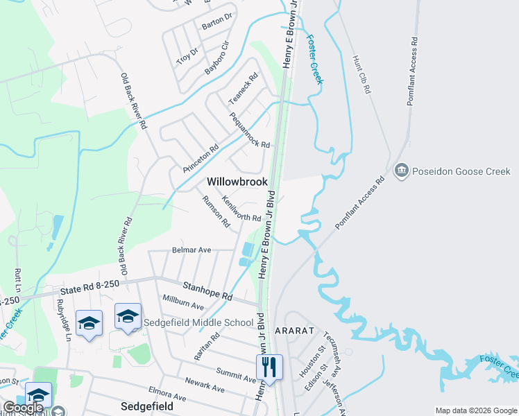 map of restaurants, bars, coffee shops, grocery stores, and more near 9 Grover Lane in Goose Creek