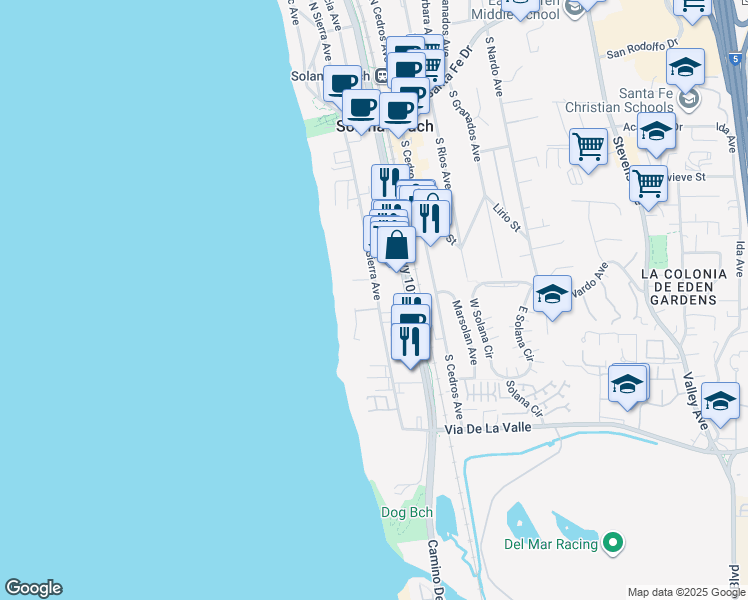 map of restaurants, bars, coffee shops, grocery stores, and more near 515 South Sierra Avenue in Solana Beach