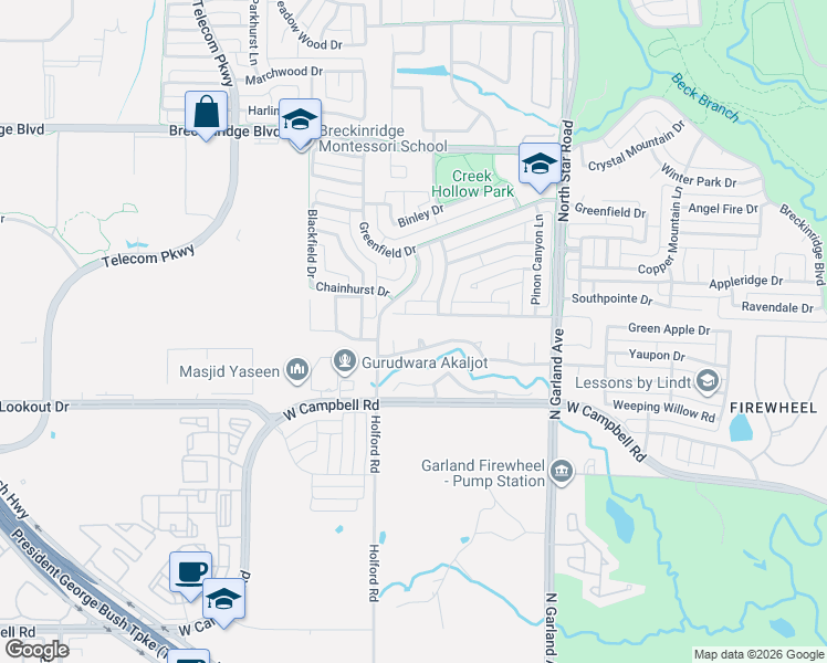 map of restaurants, bars, coffee shops, grocery stores, and more near 4016 Tabernash Lane in Richardson