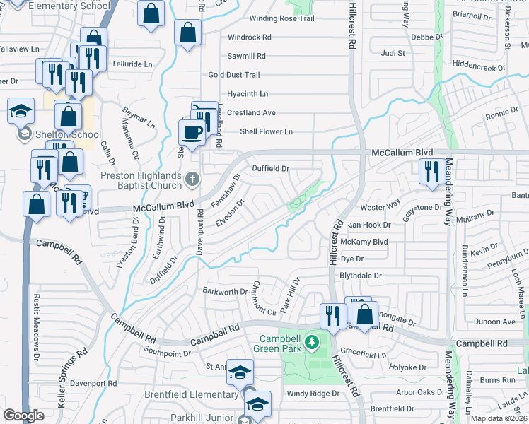 map of restaurants, bars, coffee shops, grocery stores, and more near 6405 Norbury Drive in Dallas