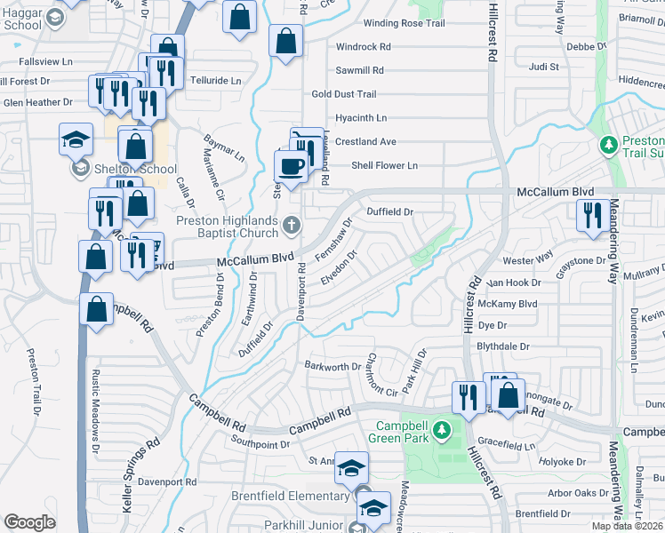 map of restaurants, bars, coffee shops, grocery stores, and more near 6615 Elvedon Drive in Dallas