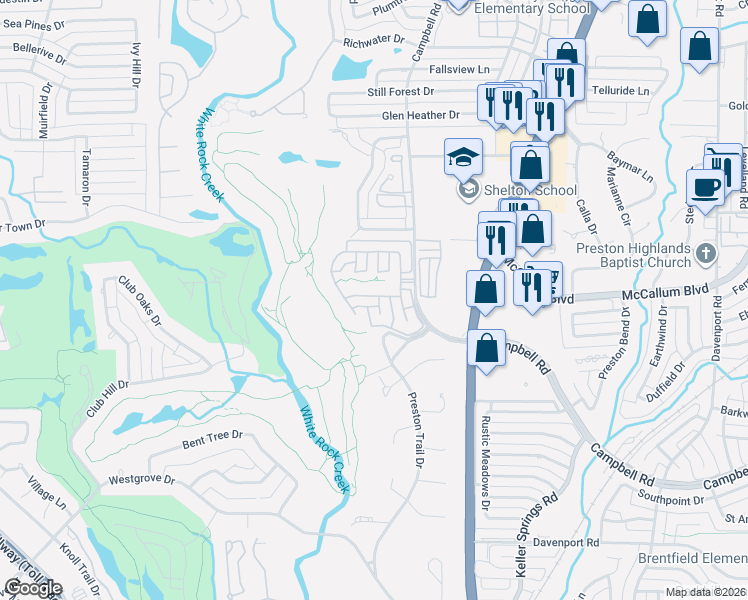 map of restaurants, bars, coffee shops, grocery stores, and more near 5736 Wortham Lane in Dallas