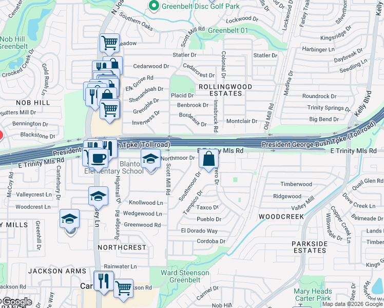 map of restaurants, bars, coffee shops, grocery stores, and more near 2115 Northmoor Drive in Carrollton