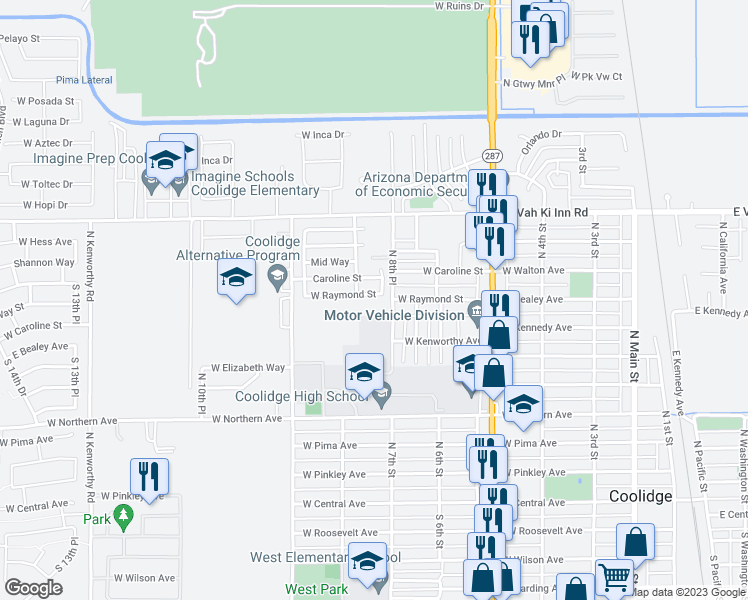 map of restaurants, bars, coffee shops, grocery stores, and more near 705 West Raymond Street in Coolidge