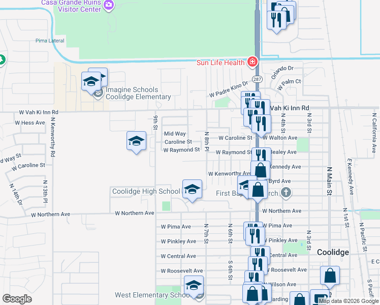 map of restaurants, bars, coffee shops, grocery stores, and more near 711 West Raymond Street in Coolidge