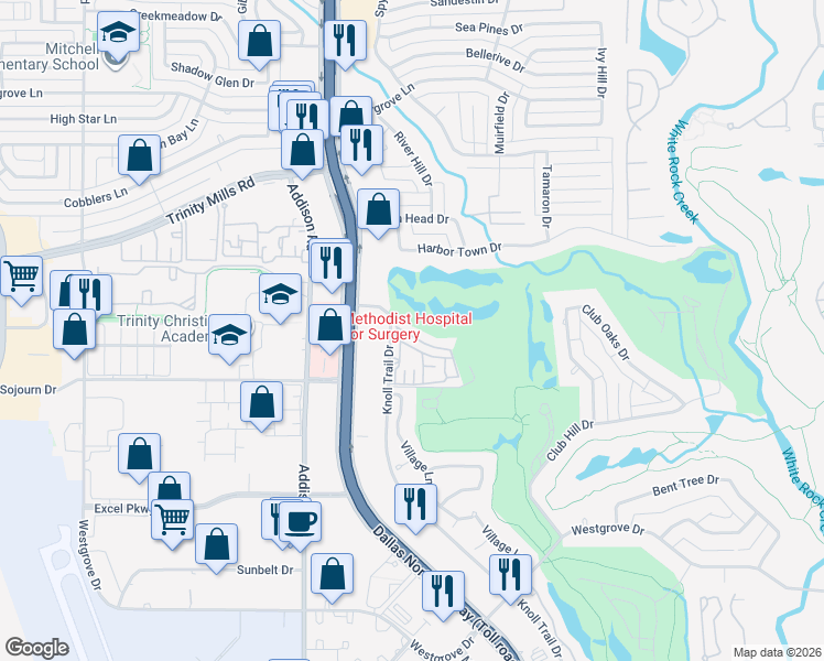 map of restaurants, bars, coffee shops, grocery stores, and more near 17280 Knoll Trail Drive in Dallas