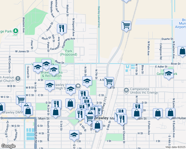 map of restaurants, bars, coffee shops, grocery stores, and more near 643 North 7th Street in Brawley