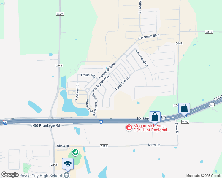 map of restaurants, bars, coffee shops, grocery stores, and more near 1221 Koto Wood Drive in Royse City