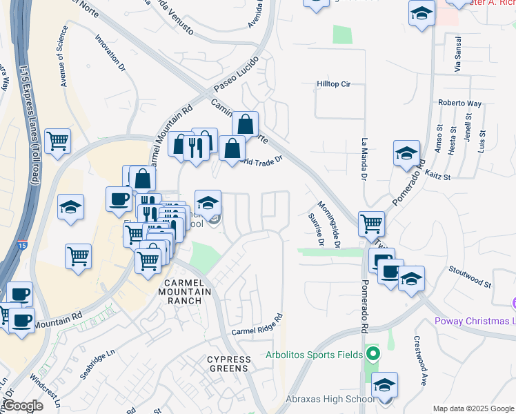 map of restaurants, bars, coffee shops, grocery stores, and more near 14858 Heather Glen Way in San Diego
