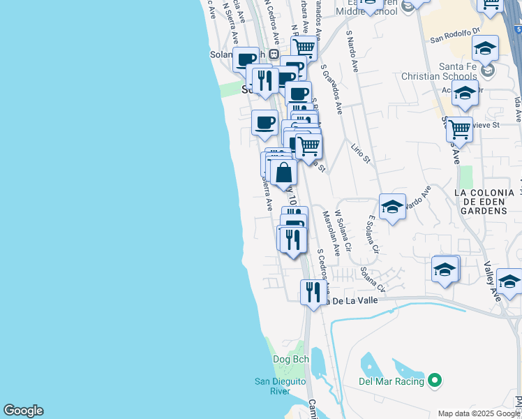 map of restaurants, bars, coffee shops, grocery stores, and more near 515 South Sierra Avenue in Solana Beach