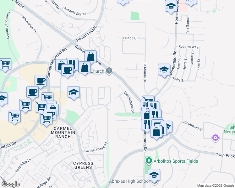 map of restaurants, bars, coffee shops, grocery stores, and more near 12210 Greentree Drive in Poway