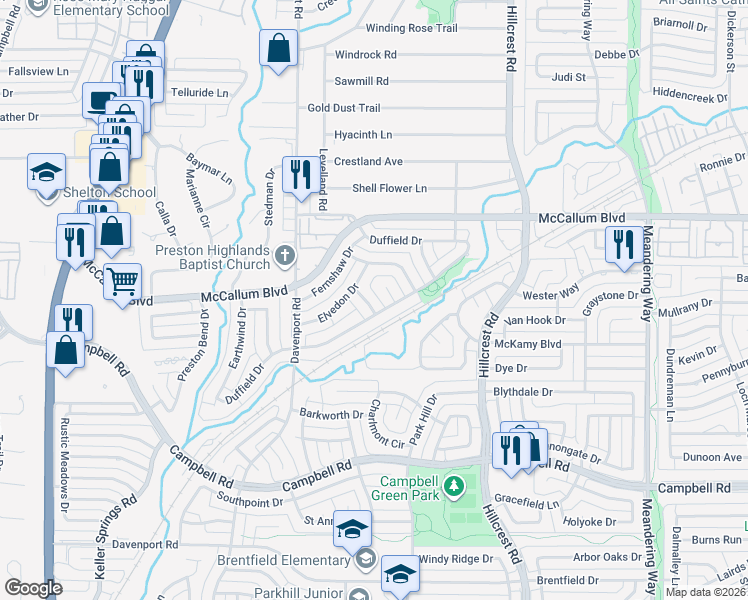 map of restaurants, bars, coffee shops, grocery stores, and more near 6405 Norbury Drive in Dallas
