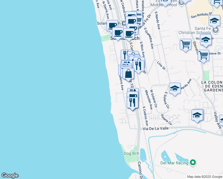 map of restaurants, bars, coffee shops, grocery stores, and more near 539 South Sierra Avenue in Solana Beach