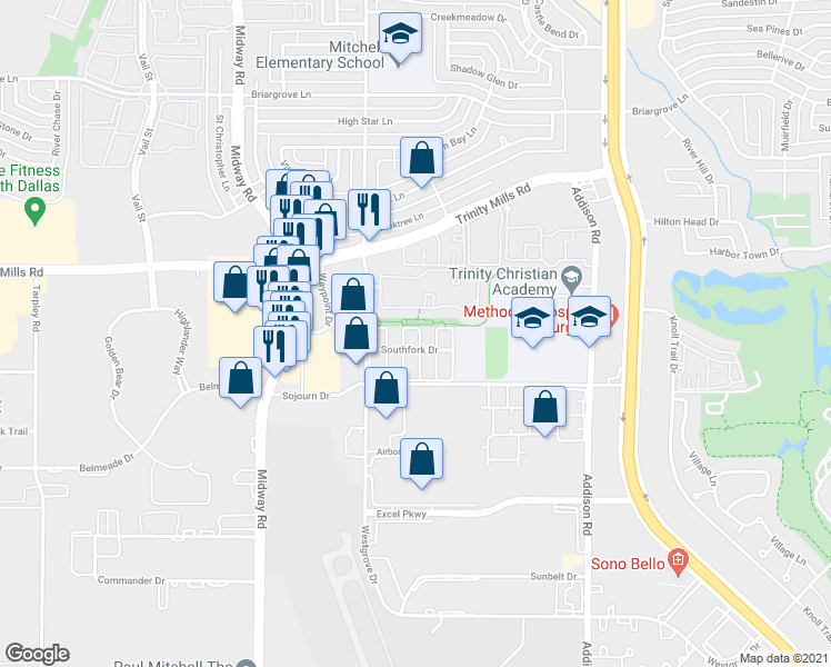 map of restaurants, bars, coffee shops, grocery stores, and more near 17113 Upper Bay Road in Addison