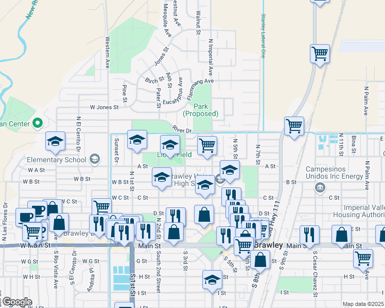 map of restaurants, bars, coffee shops, grocery stores, and more near 609 North Imperial Avenue in Brawley