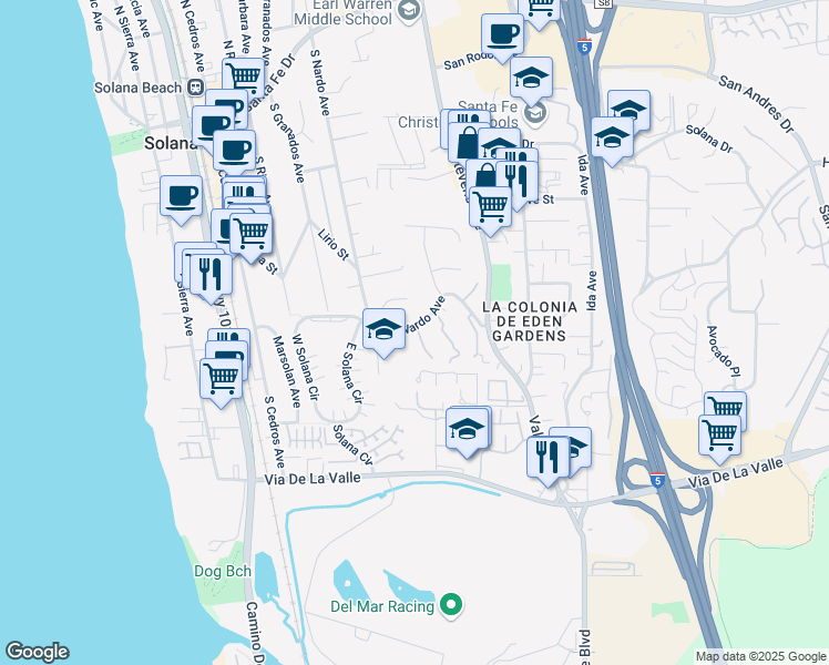 map of restaurants, bars, coffee shops, grocery stores, and more near 665 South Nardo Avenue in Solana Beach