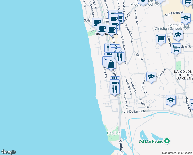 map of restaurants, bars, coffee shops, grocery stores, and more near 539 South Sierra Avenue in Solana Beach