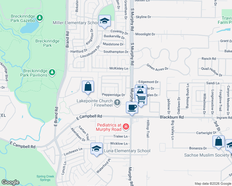 map of restaurants, bars, coffee shops, grocery stores, and more near 2600 Fairfield Drive in Richardson
