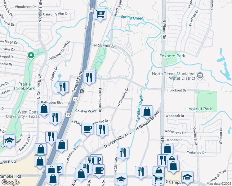 map of restaurants, bars, coffee shops, grocery stores, and more near 2375 North Glenville Drive in Richardson