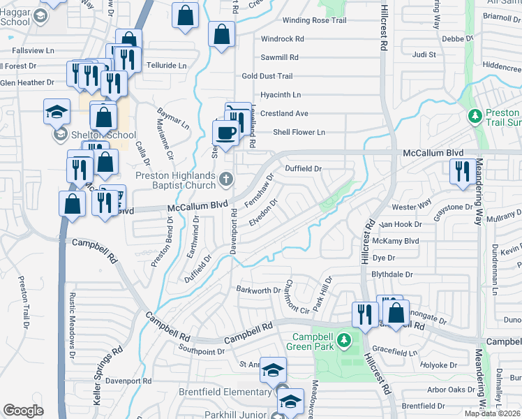 map of restaurants, bars, coffee shops, grocery stores, and more near 6615 Elvedon Drive in Dallas