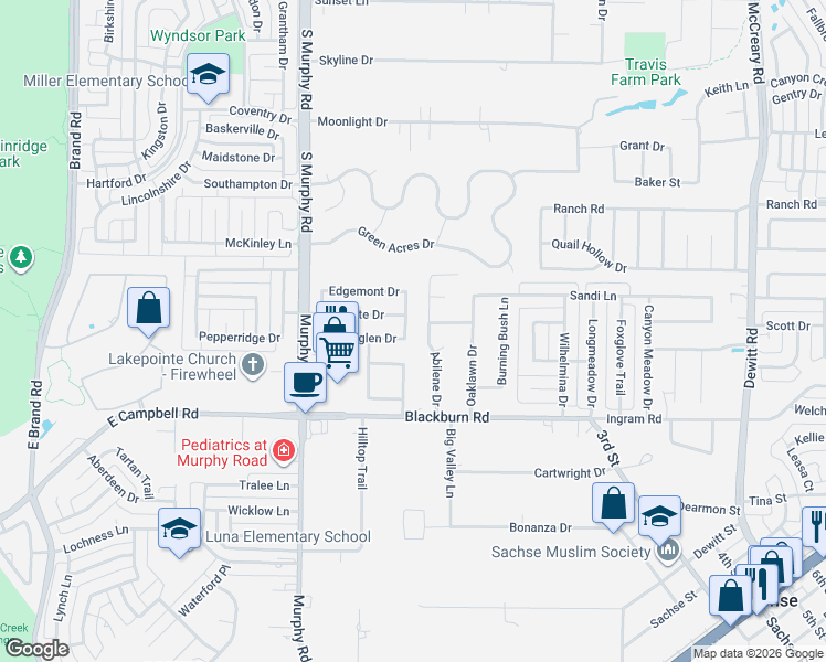map of restaurants, bars, coffee shops, grocery stores, and more near 6914 Morningside Way in Sachse