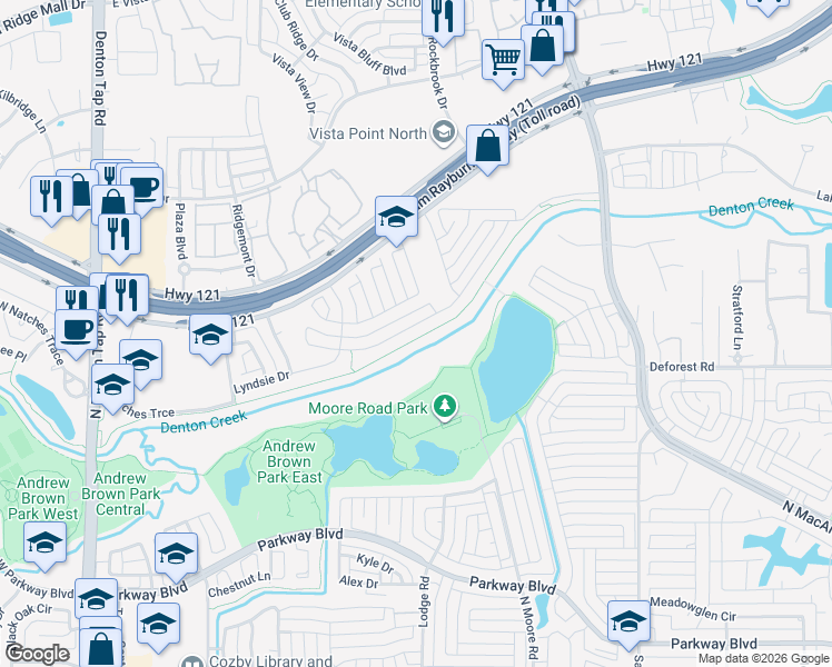 map of restaurants, bars, coffee shops, grocery stores, and more near 425 Waterview Drive in Coppell