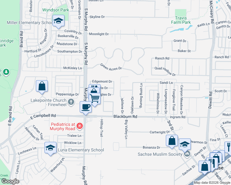 map of restaurants, bars, coffee shops, grocery stores, and more near 6914 Morningside Way in Sachse