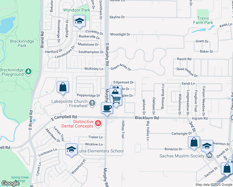 map of restaurants, bars, coffee shops, grocery stores, and more near 1213 Westglen Drive in Sachse
