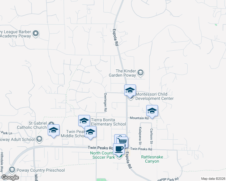 map of restaurants, bars, coffee shops, grocery stores, and more near 14104 Durhullen Drive in Poway
