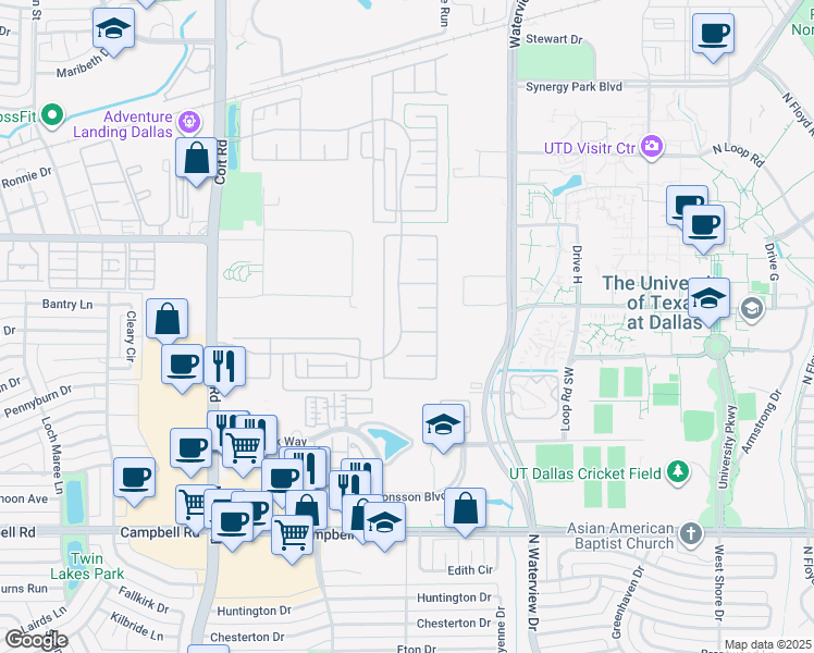 map of restaurants, bars, coffee shops, grocery stores, and more near 8205 Plumbago Way in Dallas