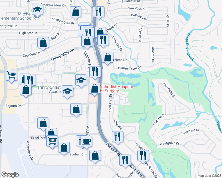 map of restaurants, bars, coffee shops, grocery stores, and more near 17270 Knoll Trail Drive in Dallas