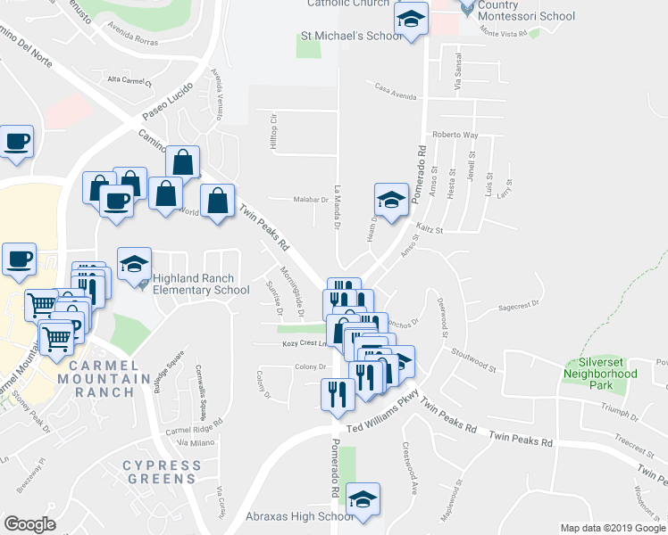 map of restaurants, bars, coffee shops, grocery stores, and more near 14958 La Manda Drive in Poway