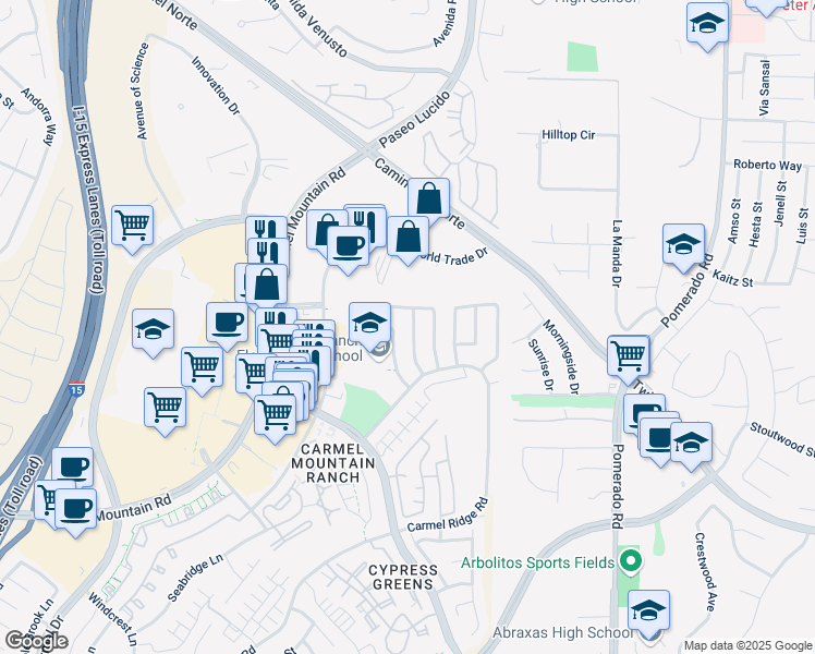map of restaurants, bars, coffee shops, grocery stores, and more near 14874 Werris Creek Lane in San Diego