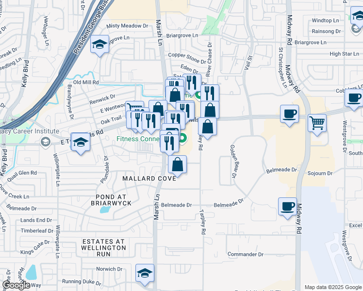map of restaurants, bars, coffee shops, grocery stores, and more near 2810 East Trinity Mills Road in Carrollton