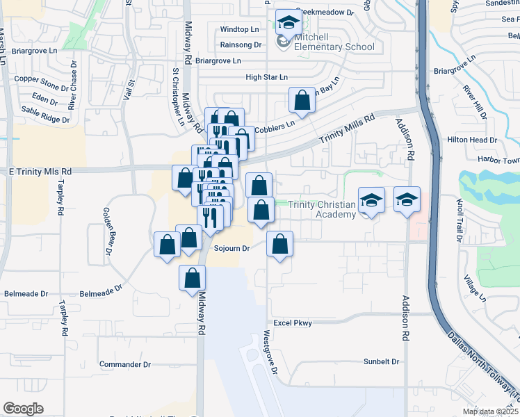 map of restaurants, bars, coffee shops, grocery stores, and more near 3308 Waypoint Drive in Carrollton