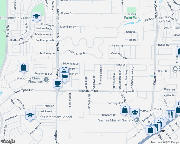 map of restaurants, bars, coffee shops, grocery stores, and more near 1520 Cisco Street in Garland