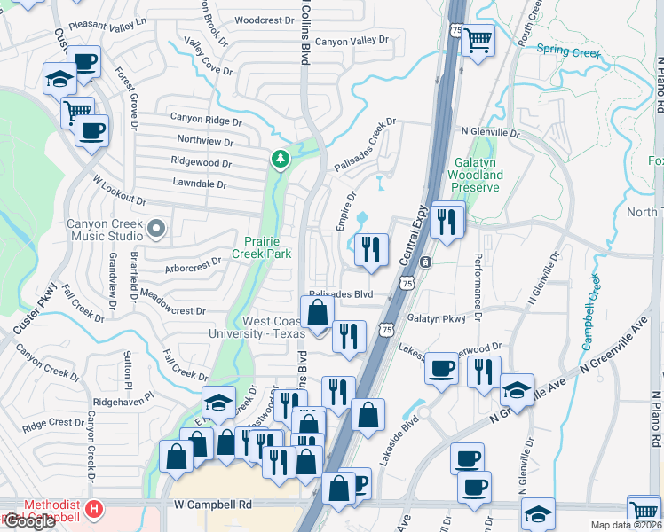 map of restaurants, bars, coffee shops, grocery stores, and more near 2456 Cathedral Drive in Richardson