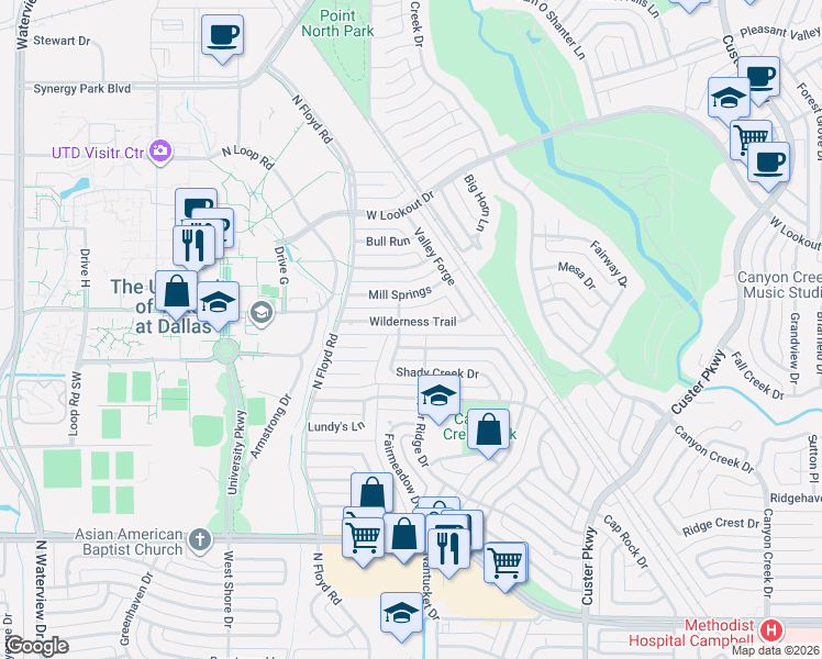 map of restaurants, bars, coffee shops, grocery stores, and more near 1121 Wilderness Trail in Richardson