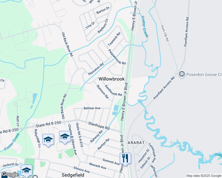 map of restaurants, bars, coffee shops, grocery stores, and more near 14 Kenilworth Road in Goose Creek