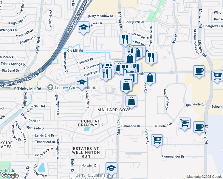 map of restaurants, bars, coffee shops, grocery stores, and more near 2771 Oak Tree Drive in Carrollton