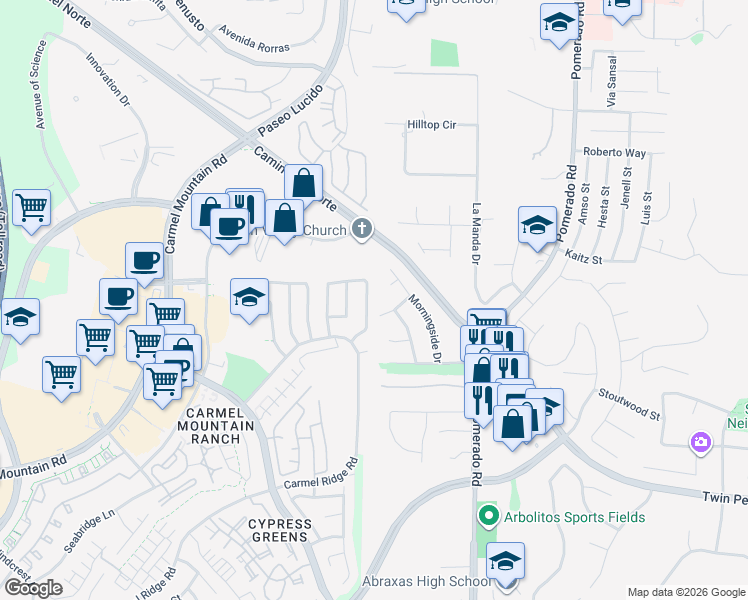 map of restaurants, bars, coffee shops, grocery stores, and more near 12210 Greentree Drive in Poway