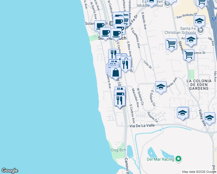 map of restaurants, bars, coffee shops, grocery stores, and more near 341 South Sierra Avenue in Solana Beach