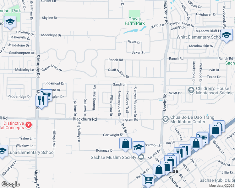 map of restaurants, bars, coffee shops, grocery stores, and more near 7004 Wilhelmina Drive in Garland