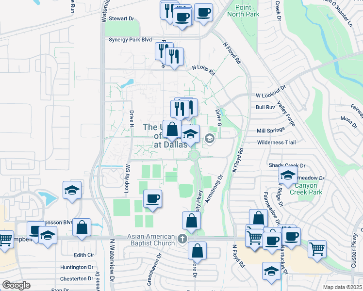 map of restaurants, bars, coffee shops, grocery stores, and more near 842 Loop Road Southwest in Richardson
