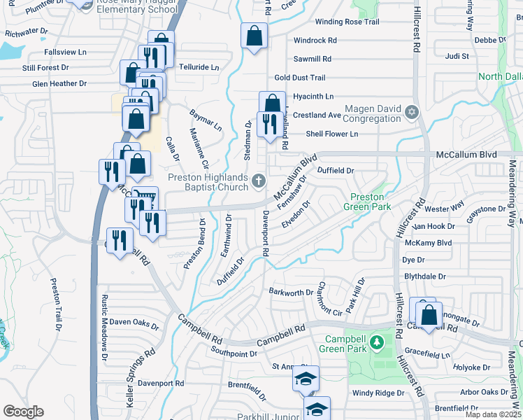 map of restaurants, bars, coffee shops, grocery stores, and more near 6601 Fernshaw Drive in Dallas