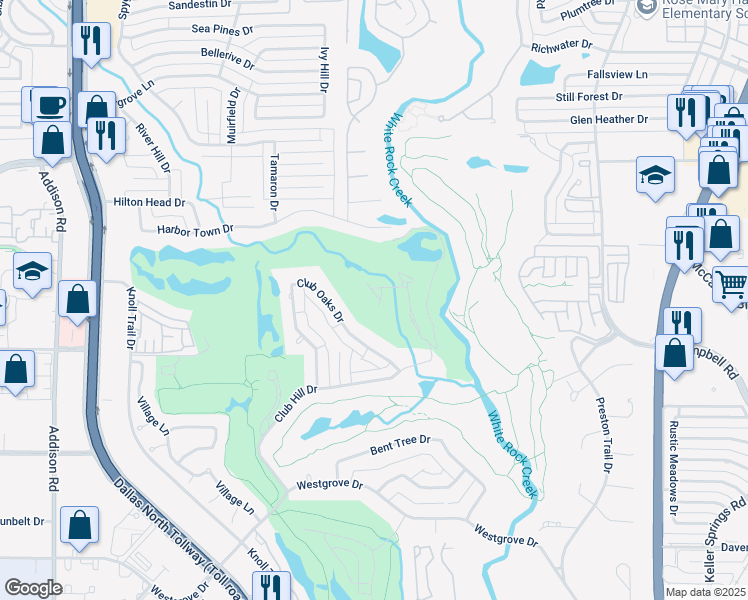 map of restaurants, bars, coffee shops, grocery stores, and more near 17312 Club Hill Lane in Dallas