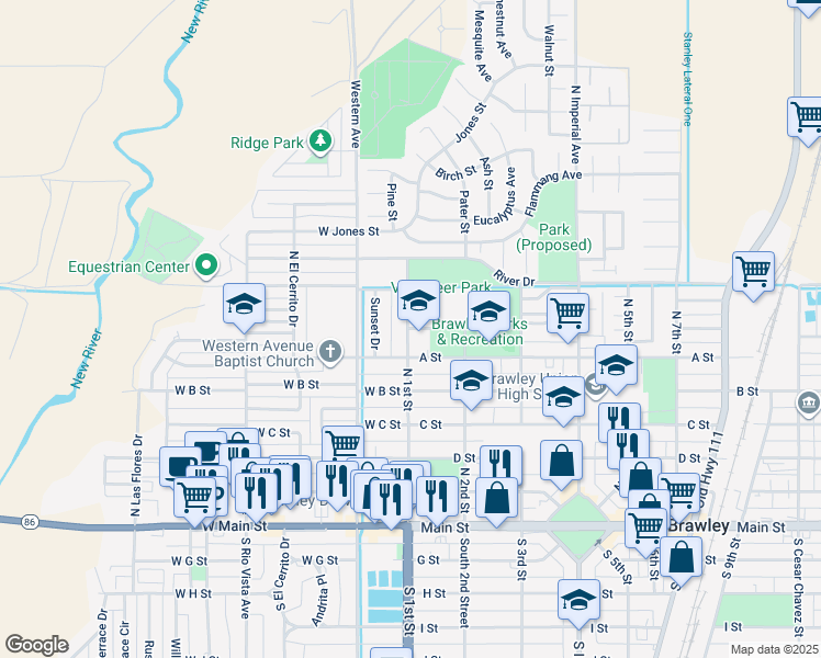 map of restaurants, bars, coffee shops, grocery stores, and more near 104 Magnolia Street in Brawley
