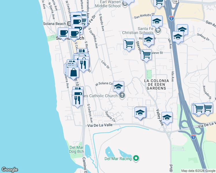 map of restaurants, bars, coffee shops, grocery stores, and more near 620 West Solana Circle in Solana Beach