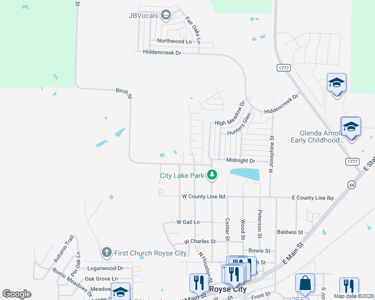 map of restaurants, bars, coffee shops, grocery stores, and more near 1213 Houston Place in Royse City